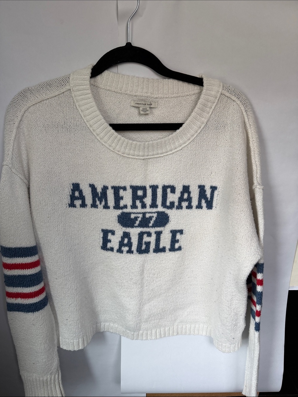 American Eagle Outfitters Cream Crewneck Sweater with Blue Logo